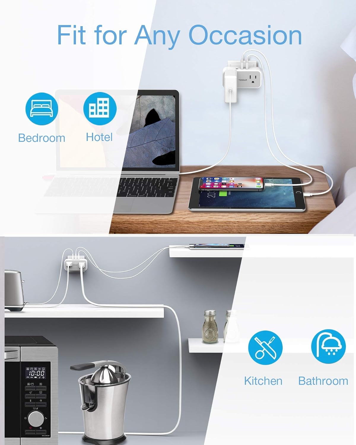 Double Outlet Plug Extender with USB,  Multi Electrical Outlet Splitter with Dual Outlets 3 USB Wall Charger, Multiple Plug Expander for Home Office Travel Cruise Ship Dorm Room Essentials