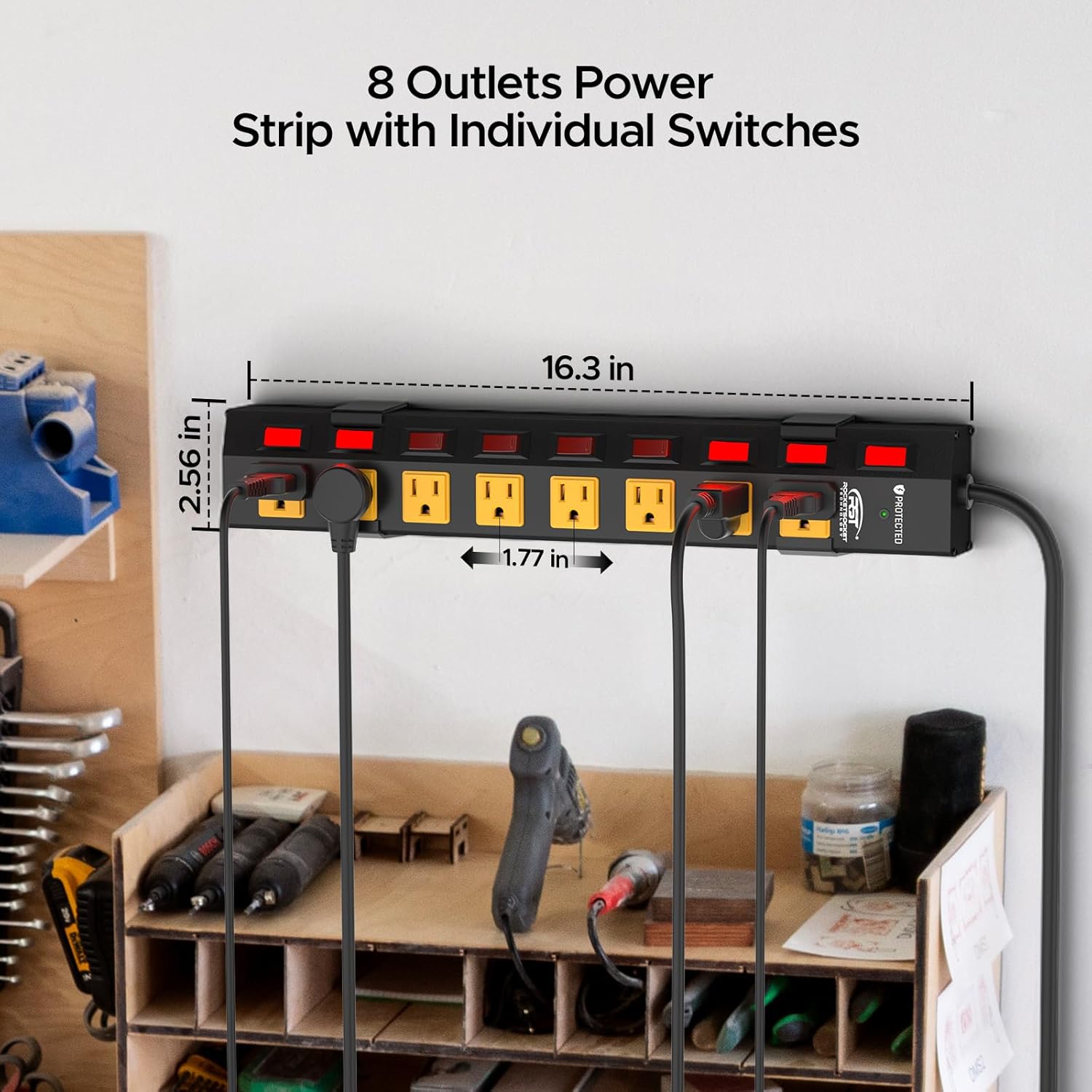CRST 8 Outlet Metal Surge Protector Power Strip with Individual Switches, 15A Circuit Breaker 1200 Joules Protection 6FT Extension Cord and Mountable Kits Included