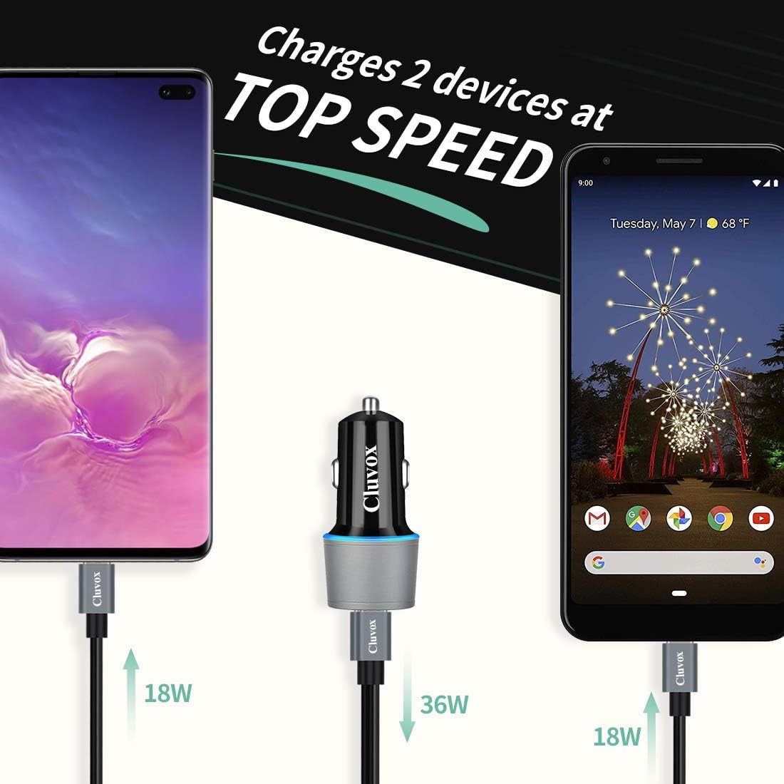 Android Car Charger, 40W Fast Charging for Samsung Galaxy A55 5G/A54/A53/A50/A35/A33/A25/A23/A15/A14/A13/A71/A03S/S25/S24/S23/S22, Dual 20W USB C Rapid Cigarette Lighter Adapter with 3Ft Type C Cord