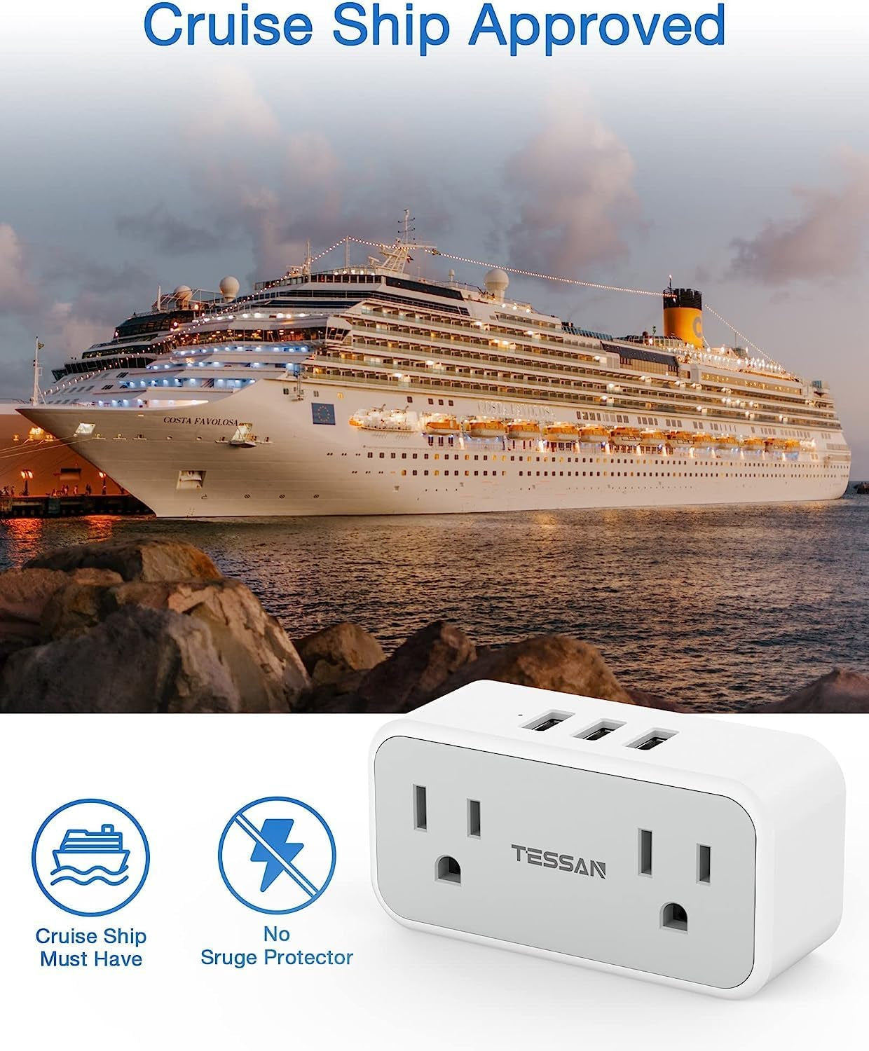 Double Outlet Plug Extender with USB,  Multi Electrical Outlet Splitter with Dual Outlets 3 USB Wall Charger, Multiple Plug Expander for Home Office Travel Cruise Ship Dorm Room Essentials